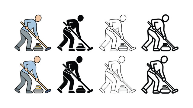 Curling players in different poses and colors sweeping ice with brooms and stones