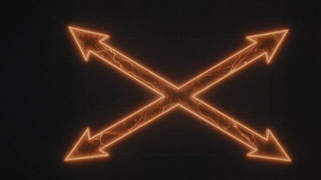 Four glowing orange arrows form an X, radiating energy against a dark background.