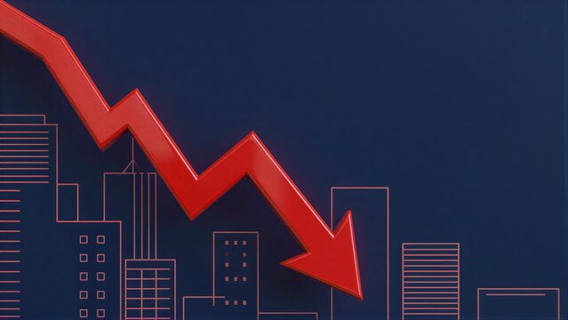 Red arrow drops sharply over city skyline, symbolizing economic decline.