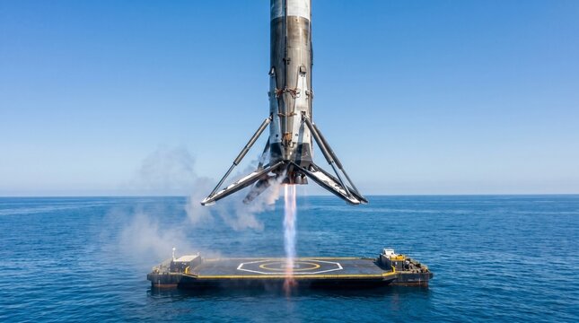 Space rocket booster stage landing vertically on an autonomous drone ship in the ocean. Futuristic aerospace technology and reusable spacecraft engineering concept