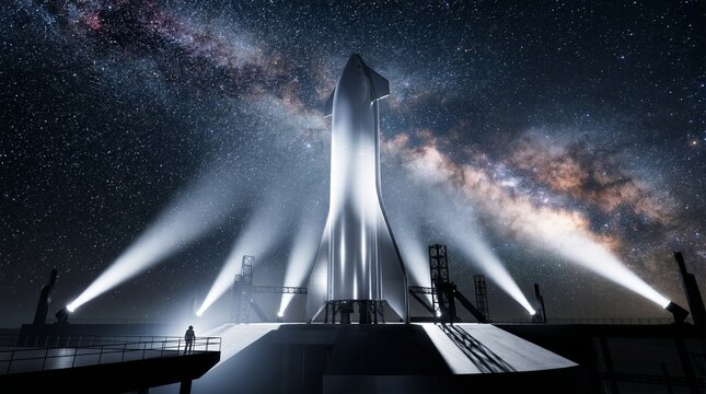 Futuristic silver spacecraft standing on a launchpad at night under a spectacular milky way galaxy sky. Majestic spaceship illuminated by powerful spotlights with an astronaut silhouette
