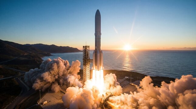 Stainless steel space rocket blasting off from a coastal launch pad during a golden sunset. Low angle shot of a spaceship ascending with massive exhaust clouds and sun lens flare