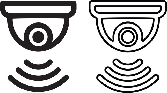 Wireless Security Camera Icons with WiFi Signal - Dome CCTV Surveillance Symbols in Black and Outline Modern Outline Icon Collection