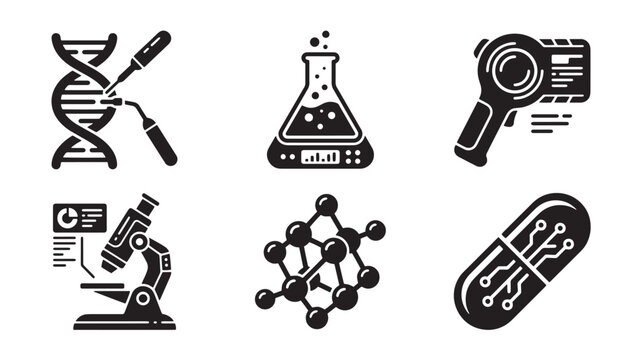 Scientific research and laboratory equipment icons with laboratory research microscope chemistry genetics molecule experiment equipment analysis pharmaceutical microbiology scientific