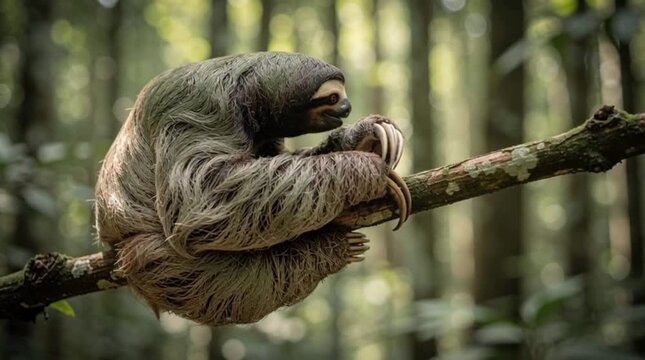 A sloths leisurely hang on a tree branch in the Amazon rainforest, a symbol of slow living
