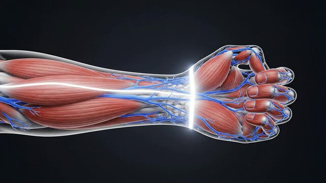 Detailed 4K Transparent Forearm Muscle Scan Showcasing Flexor And Extensor Muscles With Vascular Structure On Dark Background