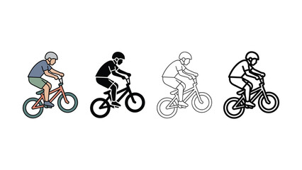 Obraz premium Four different styles of cyclist riding bicycles in various line art formats side by side