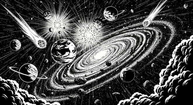 Black and white comic book style illustration of a galaxy with planets, stars, and comets in outer space