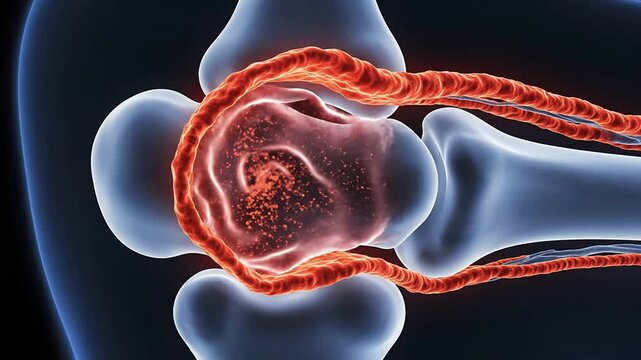 Detailed Cross-Section Of A Human Joint Illustrating Synovitis And Inflammation In A Dark Background