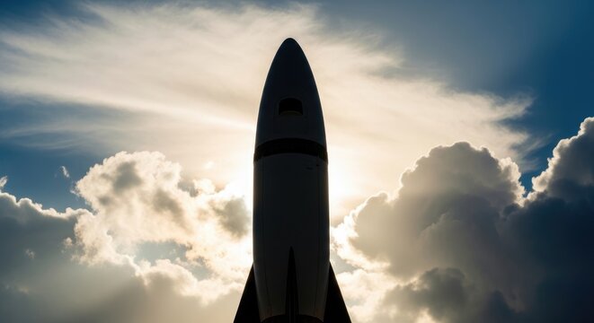 Dramatic Silhouette of a Rocket Ship Against a Cloudy Sky.
