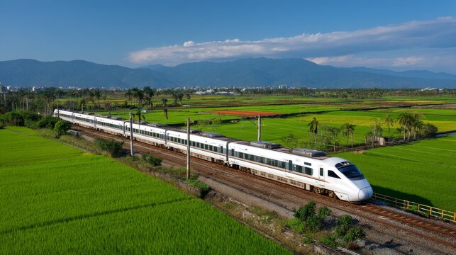 High-speed train traveling through vibrant green fields with mountains in the background under a clear blue sky during a sunny day in a scenic rural area