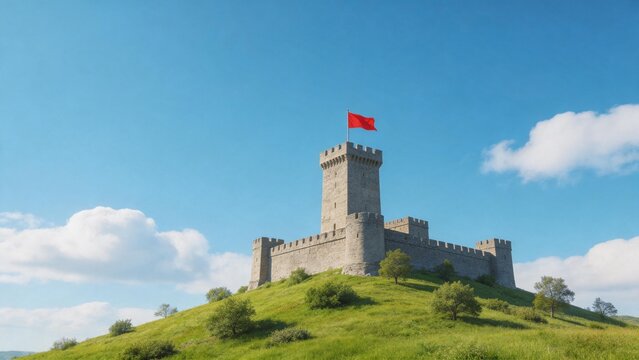 Castle on a grassy hill with red flag