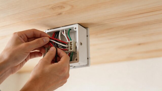 Person connecting wires to electrical box