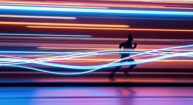 Dynamic Silhouette Running Through Abstract Neon Light Trails.