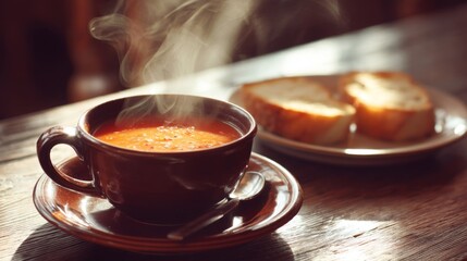 Fototapeta premium Hot Tomato Soup in a Brown Bowl with Steamy Aroma Served with Fresh Bread on a Wooden Table in a Warm, Cozy Setting Ideal for Comfort Food Photography