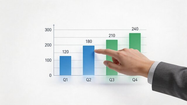 Hand pointing at bar chart with data