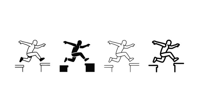 Four stick figures jumping over obstacles in different positions and styles