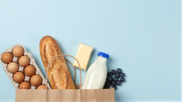 A grocery bag holds eggs, bread, butter, milk and blueberries on a light blue background.