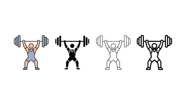 Four weightlifters in different colors lifting dumbbells overhead in unison