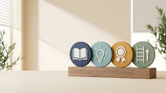 Four circular colored blocks displaying a book lightbulb ribbon and ladder Concept of professional career development educational knowledge growth and strategic success planning