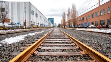 Fototapeta premium Expansive View of Abandoned Railroad Tracks Between Industrial Buildings Under Cloudy Sky in Urban Environment
