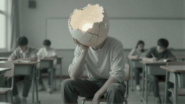 Student sits classroom, head cracked egg, symbolizing broken dreams or identity.