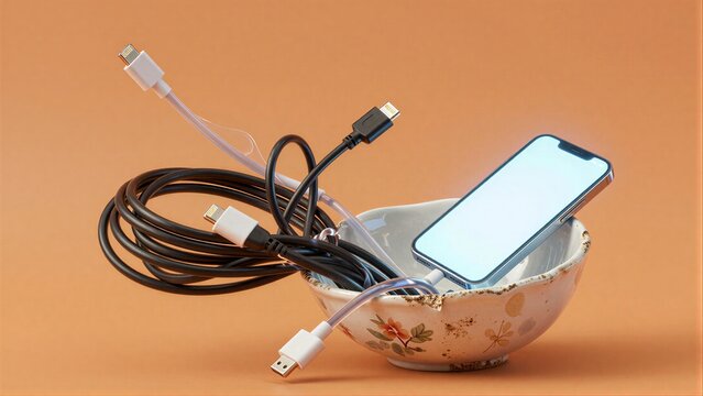 Tangled phone cables and a smartphone in mismatched bowls against an orange backdrop.