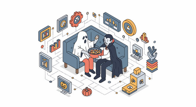 A ghost and man in cape eat snacks at home with tech gear and fun