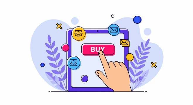 Digital shop tablet hand click buy button ecommerce business mobile web store market app purchase pay fast checkout process today