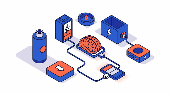 Brain mental energy recharge battery mind rest health focus smart tech recovery burnout concept idea