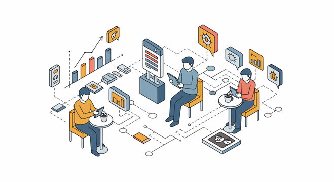 Men use apps for price check and shop data on web with icon chart vector