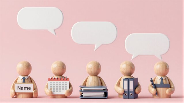 Five wooden figures hold office items, each with a speech bubble above.