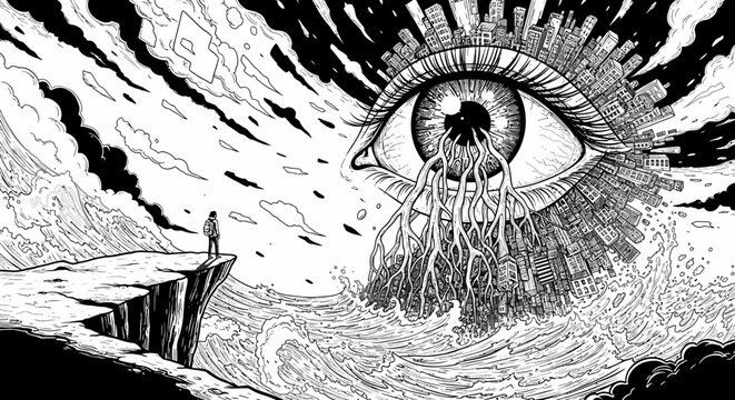 Surreal giant eye with urban city atop, shedding tentacle-like tears into a turbulent ocean, observed by a lone figure on a cliff.