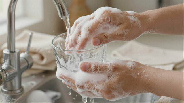 Hands washing glass under running water with soapy foam.