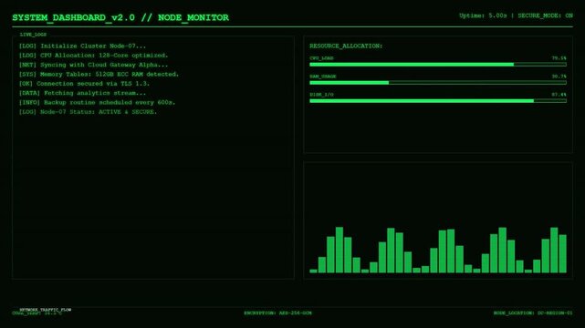 System Dashboard Node Monitor Live Logs CPU RAM Disk Resource Allocation Network Traffic Animation Cybersecurity.