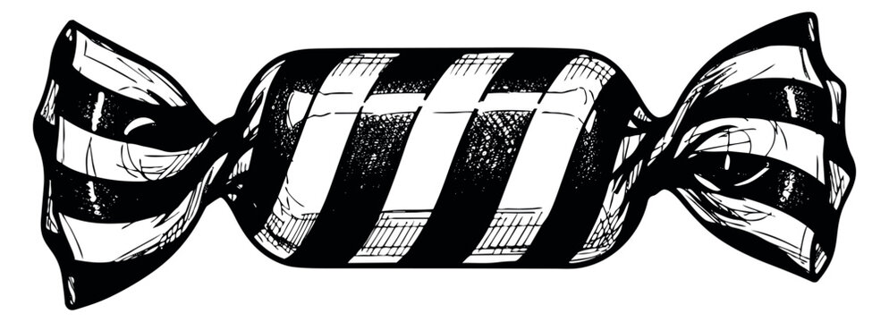 Hand drawn line art illustration of a candy depicting a striped wrapper for holiday treats and sweet designs