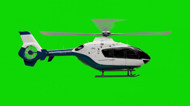 A Eurocopter EC135 medical and utility helicopter flying across a solid green screen background. This digital animation features a Fenestron enclosed tail rotor, optimized for realistic video editing.