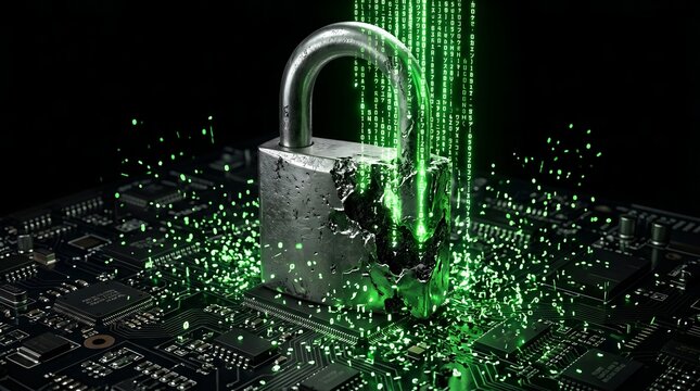 A padlock is cracking open on a circuit board with green code particles surrounding it.
