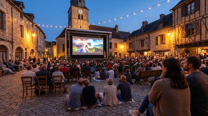 Fototapeta premium Projection en plein air sur la place d’un village en soirée