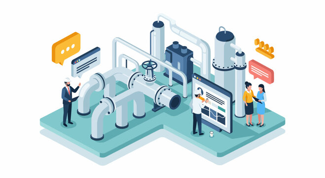 Energy sector plant team monitor oil gas pipe facility digital data dashboard system maintenance work industrial refinery