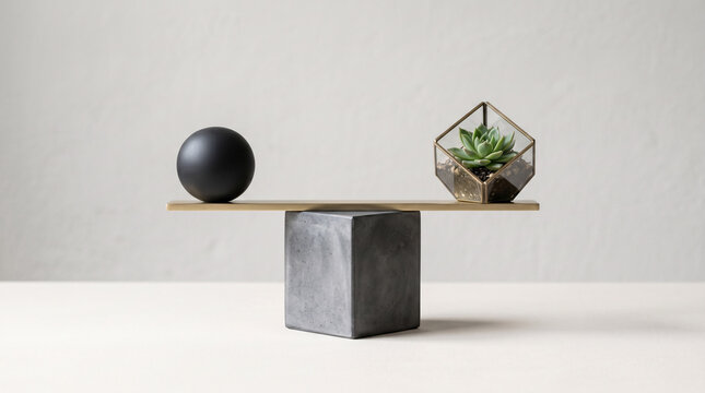 Composition minimaliste avec sph&egrave;re noire et plante succulente