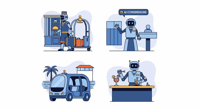 Futuristic AI robot porter concierge shuttle and bartender service icons in flat vector design for travel and hospitality industries