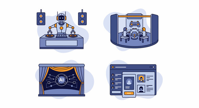 AI robot dj game vr app web social media tech set vector icon art fun