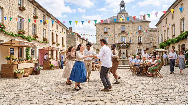 Danse sur une place de village lors d&rsquo;une f&ecirc;te traditionnelle