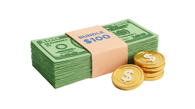 Vector illustration of stack of 100 dollar bills and gold coins on a transparent background