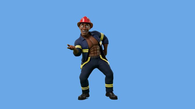 A 3D animated black male firefighter with an open jacket showing abs dancing playfully. Set against a solid blue background, this looping character asset is great for humorous promos, bachelorette par