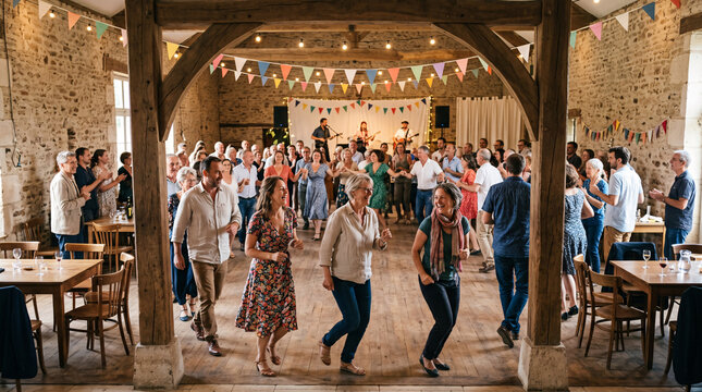 Bal populaire dans une salle d&eacute;cor&eacute;e de guirlandes festives