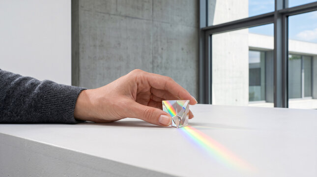 Main tenant un prisme cr&eacute;ant un arc-en-ciel lumineux
