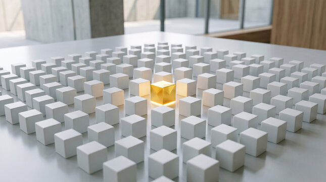 Cube lumineux au milieu d&rsquo;une composition g&eacute;om&eacute;trique minimaliste
