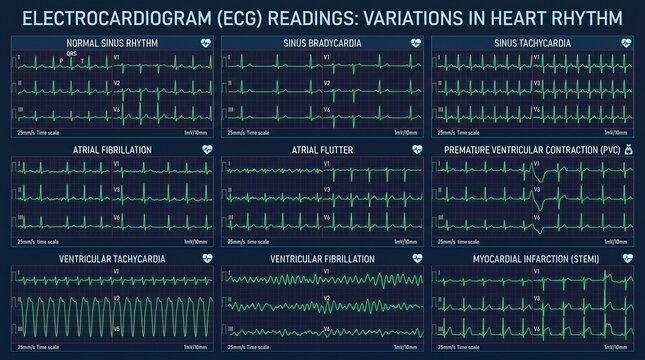 Electrocardiogram chart showing variations in heart rhythm, green waveform traces on dark grid background, comparing normal sinus rhythm with arrhythmias and myocardial infarction patterns.